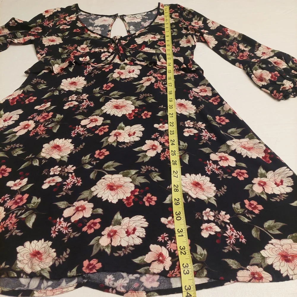 American Eagle Black Floral Print Boho Ruffle V Neck Dress Bell Sleeve Sz XS